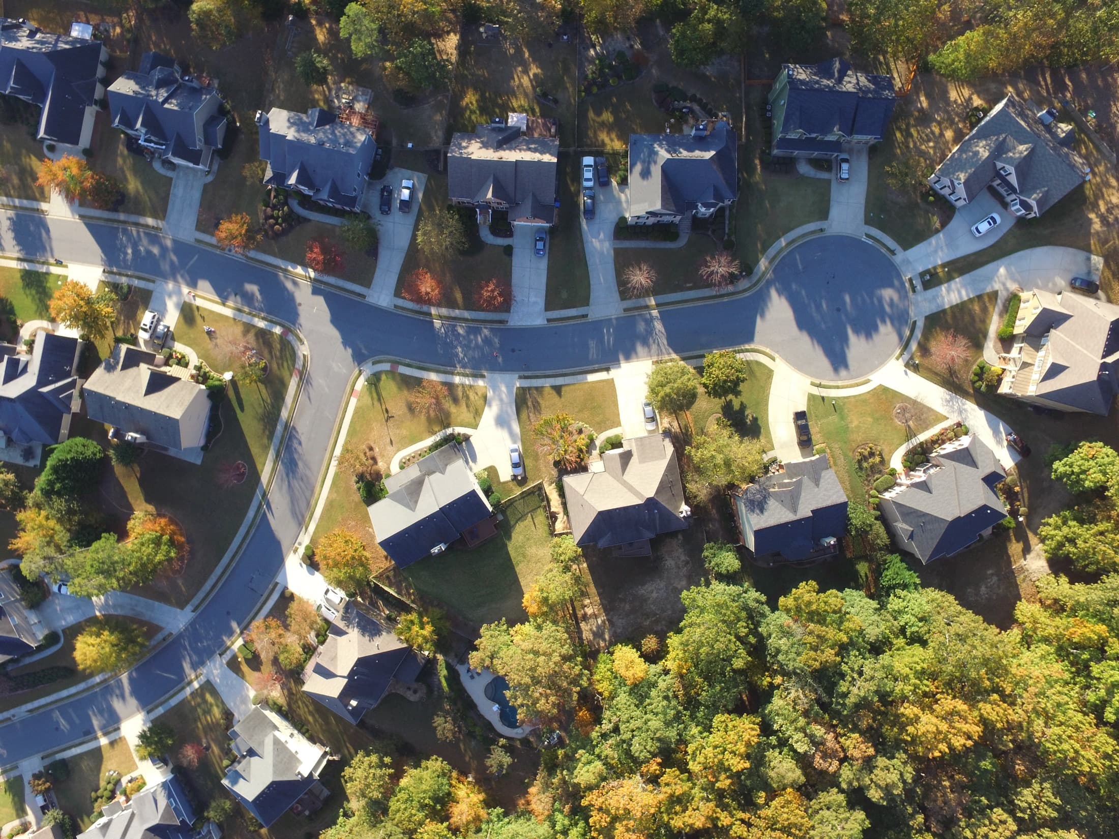 Top-down aerial view of a cul-de-sac neighborhood