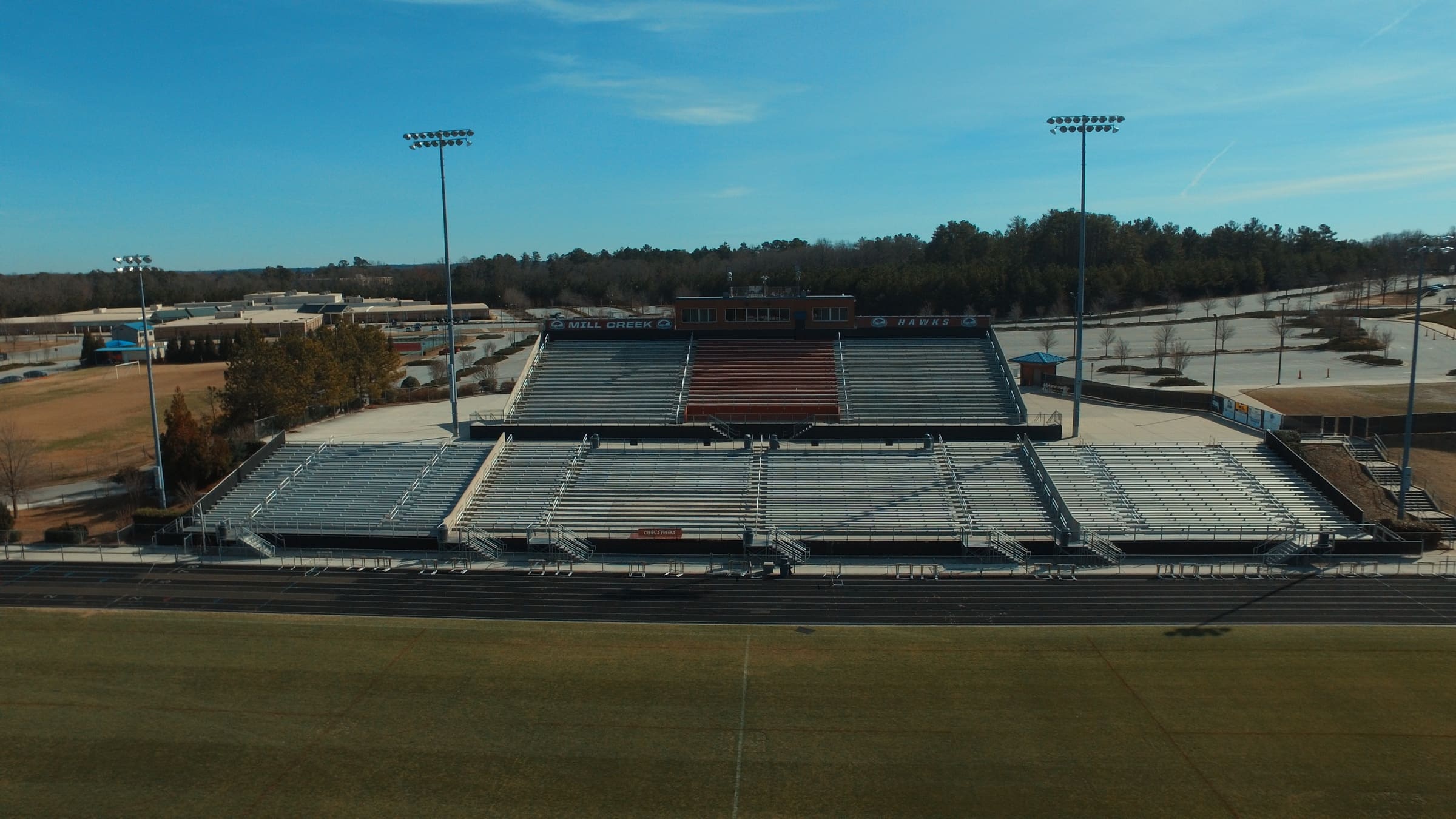 Aerial view of Mill Creek stadium bleachers and field